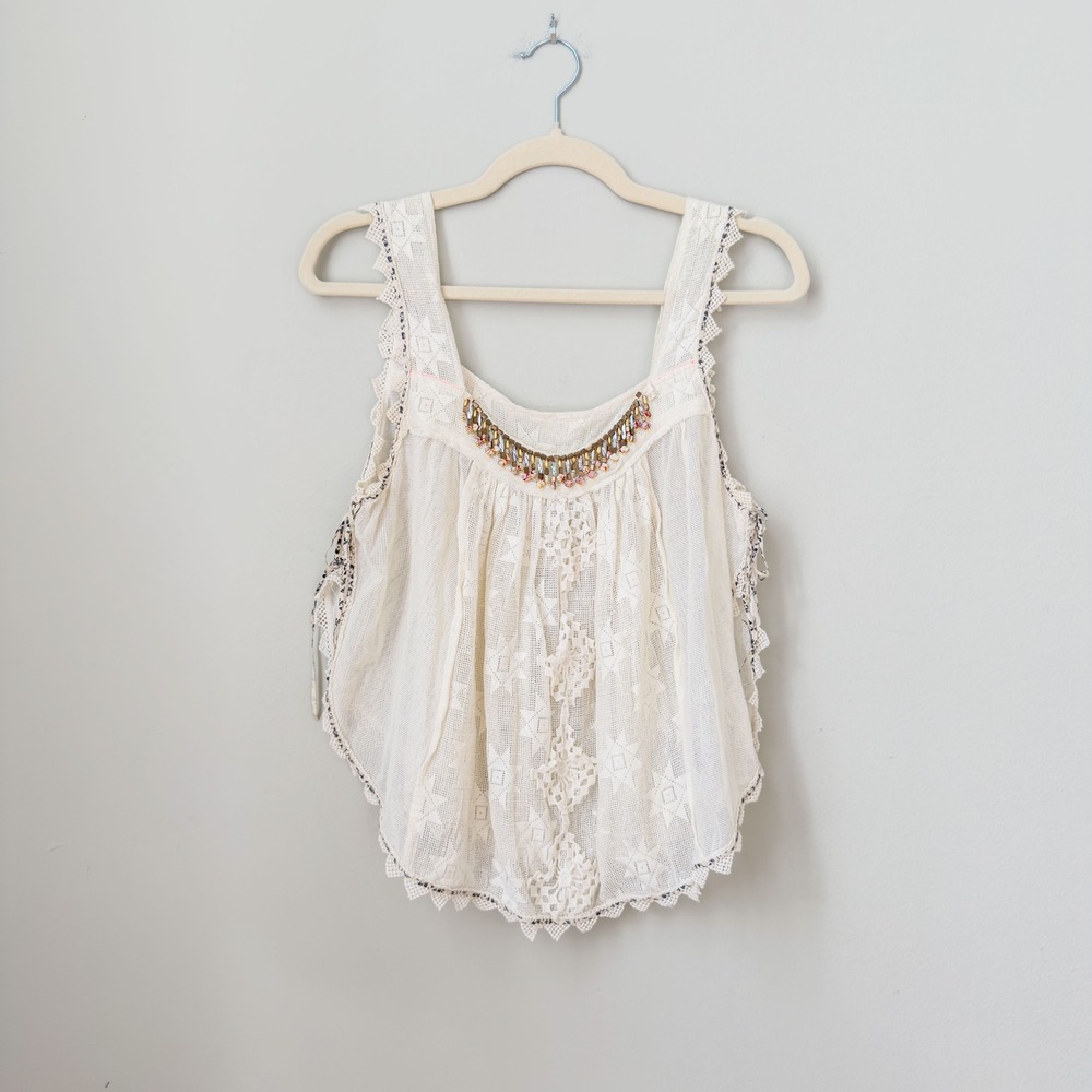 New Romantics Boho Fringe Beaded Gauze Lacy Tank Top Size S